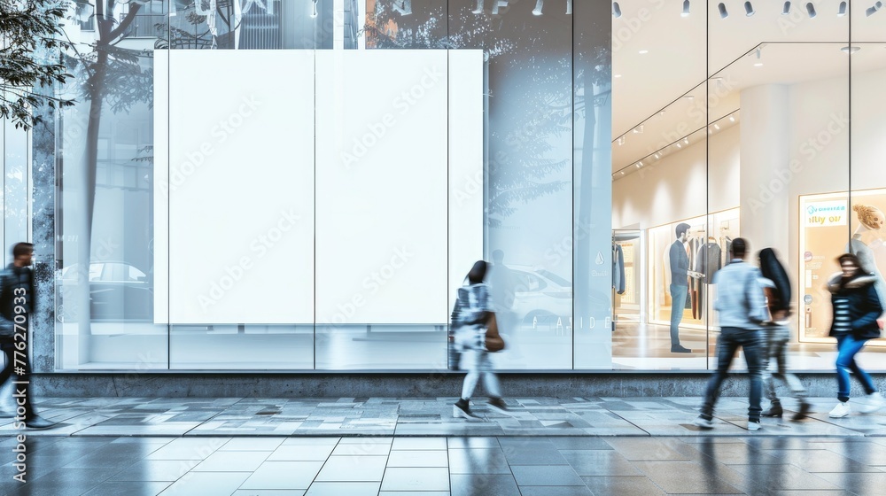 Boutique Storefront with Digital Display. An elegant boutique shop window at dusk, featuring a digital display screen for dynamic advertising amidst luxurious fashion items. Street mockup, advertising