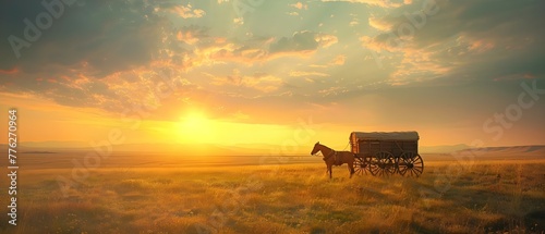 Vintage Americana: Sunset Scene from an Old West Cowboy Movie. Concept Western Aesthetic, Cowboy Silhouettes, Prairie Sunsets, Nostalgic Charm photo
