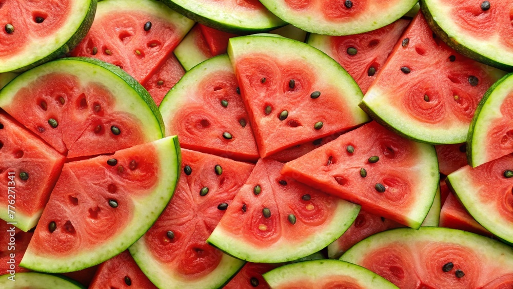 background slices of watermelon, Background of sliced watermelon. Fresh watermelon slices arranged as a backdrop, viewed from the top.