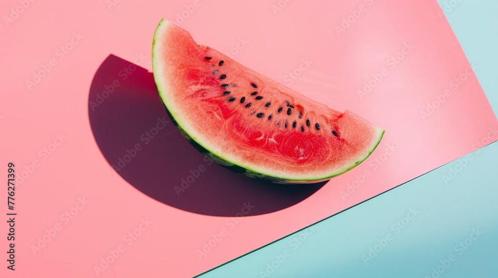 A watermelon slice atop a pink-blue counter, companioned by an intact piece A watermelon slice atop a pink-blue counter, companioned by an intact piece