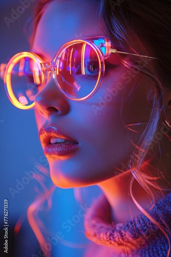 Stylish young woman wearing trendy sunglasses with a vibrant rainbow light effect. The image captures a hip, modern fashion vibe in a studio setting.
