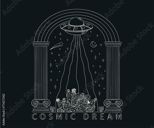 cosmic ufo in western desert vector design, cactus desert night, western desert dream