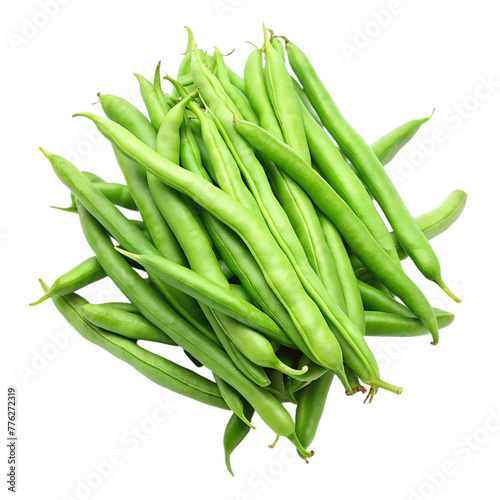 Fresh green beans neatly arranged in a pile on transparent background