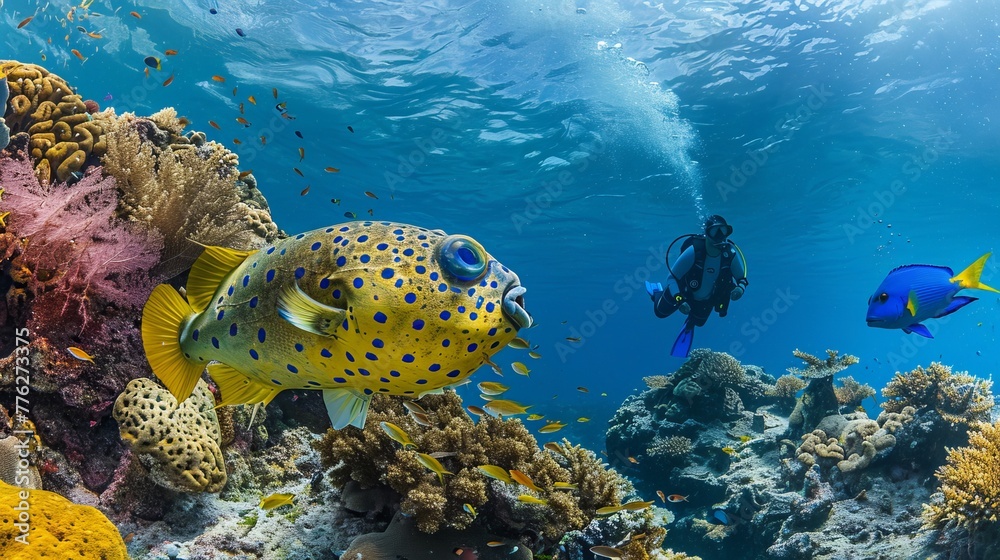 Scuba divers explore an underwater coral reef, where a yellow and blue ...