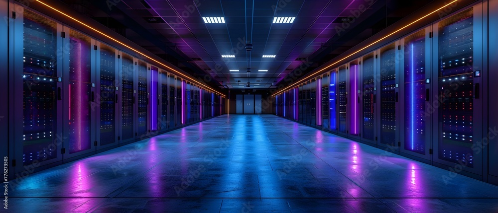 Modern datacenter interior with blue lighting showcasing network and cloud computing technology. Concept Datacenter Interior, Blue Lighting, Network Technology, Cloud Computing, Modern Design