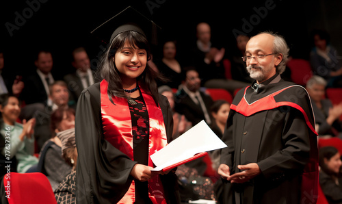 Female graduate receiving diploma from dean at graduation ceremony. University graduation and education concept for design and print. Event portrait with audience in background photo