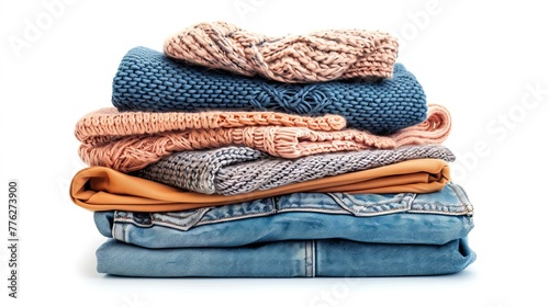 Pile of folded clothing, including jeans and sweaters, isolated on a pristine white background for optimal search engine visibility.