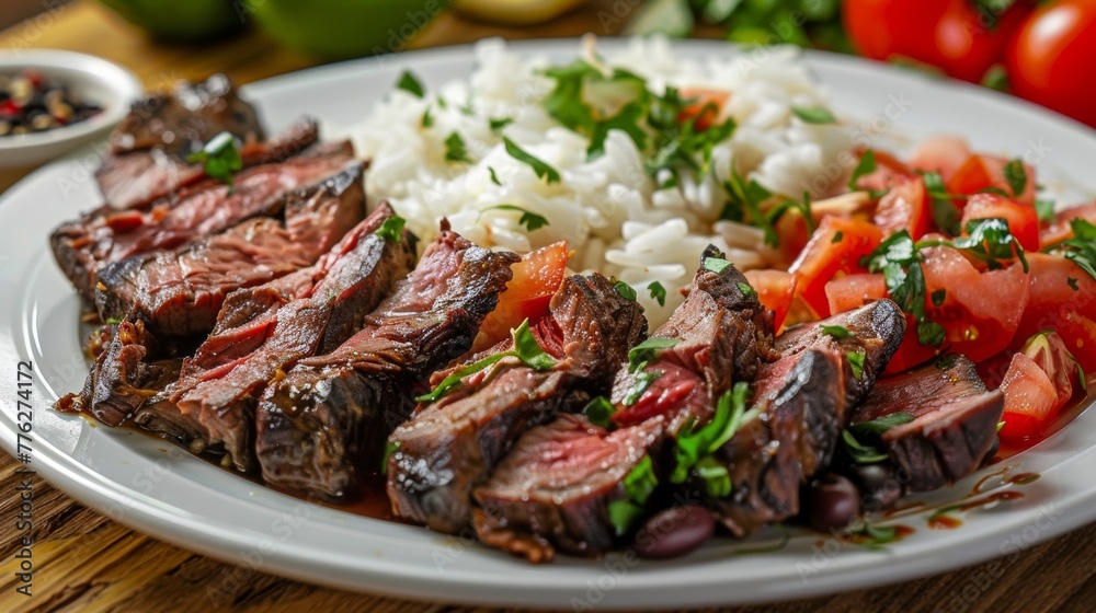The dish of Venezuela. Pabellin Criollo is a traditional Venezuelan dish consisting of black beans, white rice and pieces of steak cooked with tomatoes. The dish of Venezuela. Pabellin Criollo is a traditional Venezuelan dish consisting of black beans, white rice and pieces of steak cooked with tomatoes.