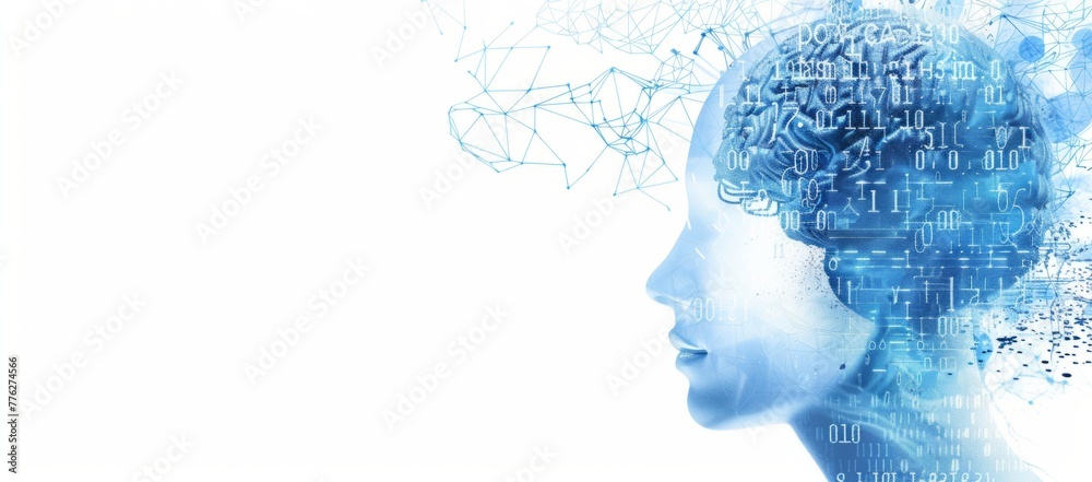 A digital illustration of an AI brain with neural networks and binary code, set against a white background The focus is on the human head profile in blue color with grey shadows Generative AI
