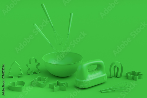 Mixer and cookie cutters with kitchen utensil for making cookies on monochrome