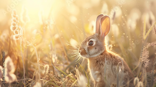 A charming rabbit sitting amidst a field of tall grasses, with dappled sunlight creating a magical atmosphere, presenting a tranquil scene with abundant copy space and a softly blurred background