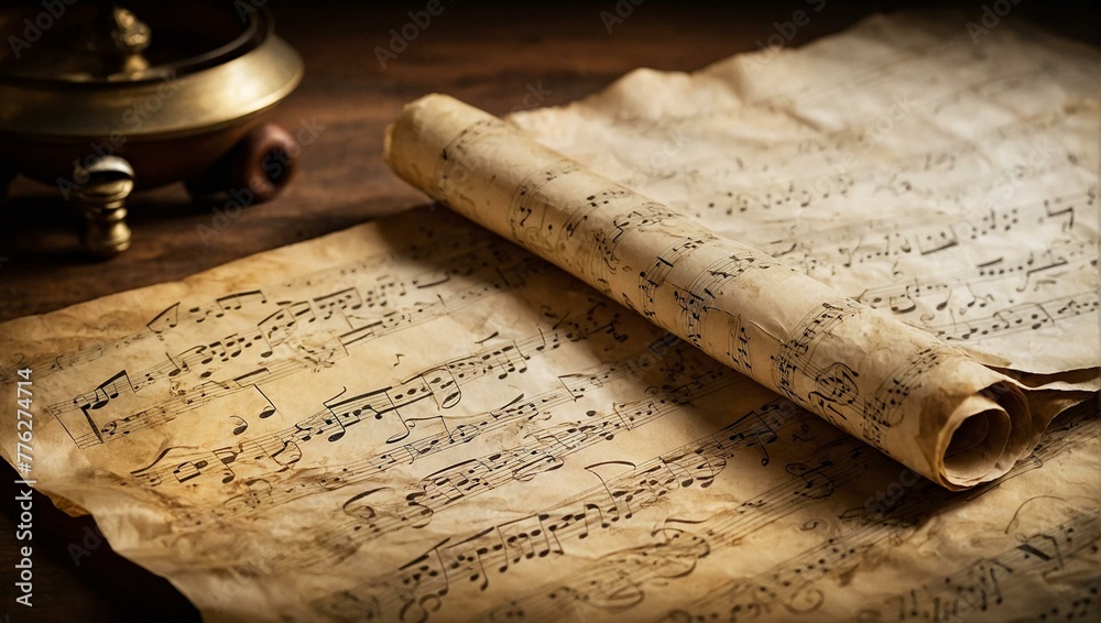 Vintage musical sheets rolled on a wooden table with intricate musical notations, conveying artistic elegance and historical charm