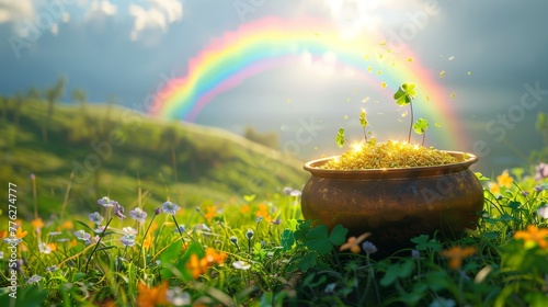 Leprechauns pot of gold at the end of a rainbow, vibrant natural lighting, low angle, against a backdrop of rolling green hills