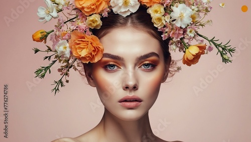 Elegant image of a woman with full makeup and a stunning flower crown in a creative composition © ArtistiKa