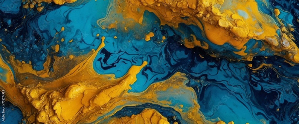 An intricate fluid art with swirling blue and gold patterns creating a fascinating abstract design