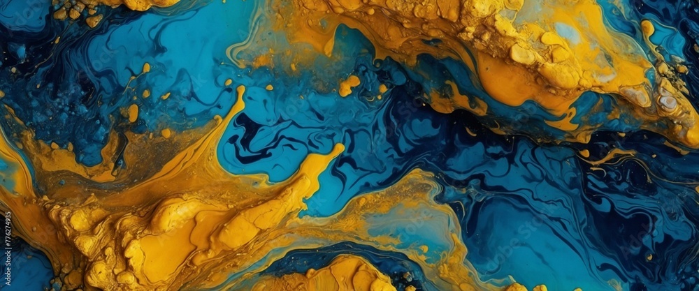 An intricate fluid art with swirling blue and gold patterns creating a fascinating abstract design An intricate fluid art with swirling blue and gold patterns creating a fascinating abstract design