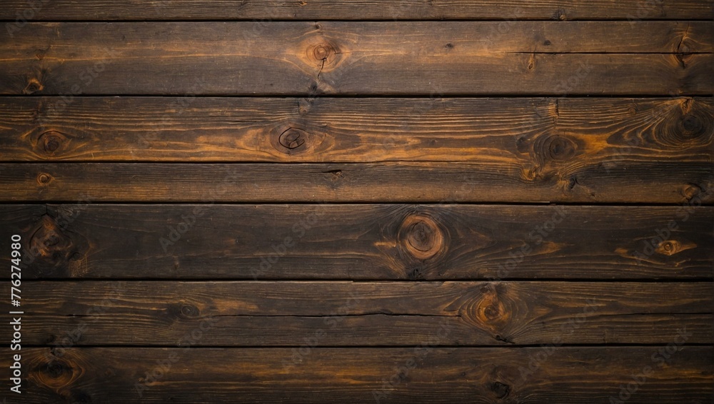 Fototapeta premium A full-frame image of dark stained wooden planks with visible knots and wood grain texture