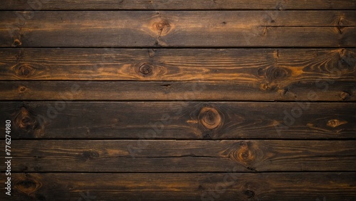 A full-frame image of dark stained wooden planks with visible knots and wood grain texture