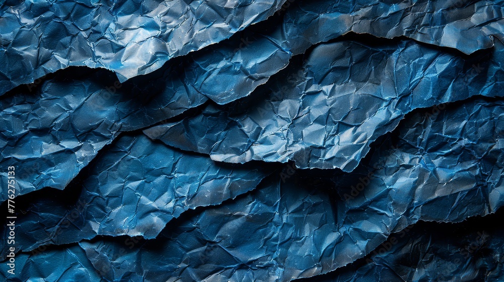 A detailed view of crumpled paper displaying a distinct wave-like fold, colored blue A detailed view of crumpled paper displaying a distinct wave-like fold, colored blue
