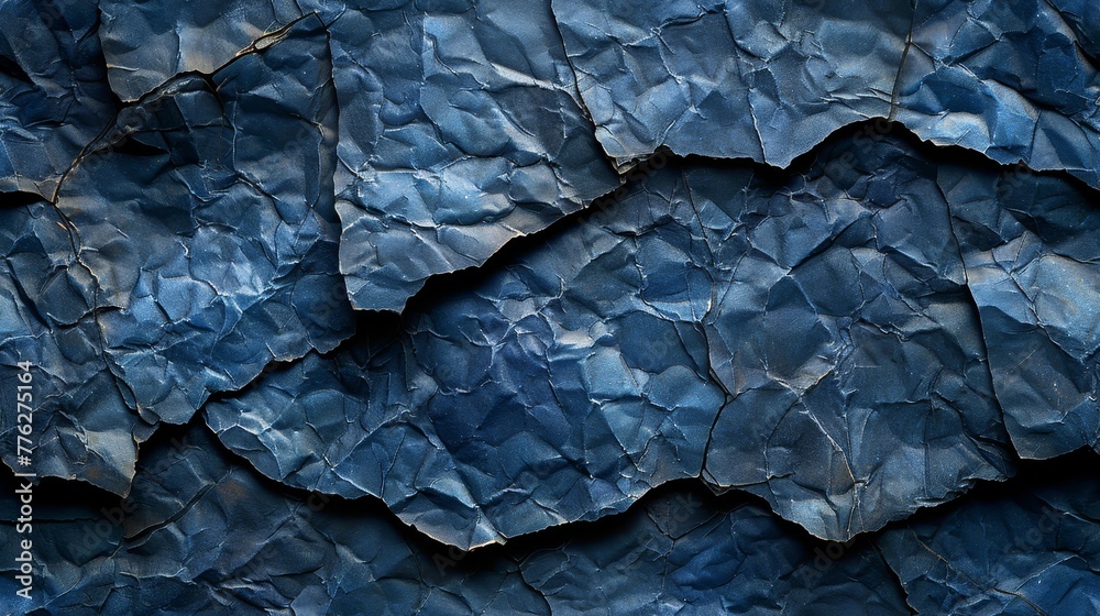 A detailed view of a paper fragmented into pieces, painted blue A detailed view of a paper fragmented into pieces, painted blue