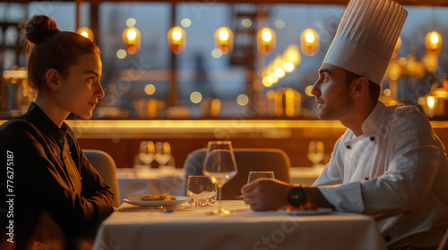 Romantic Dinner Date at Elegant Restaurant with Chef Presenting Meal