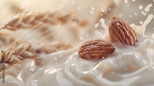 Almond and cocoa dance on milky white, wheat flourishes, minimalist, light infused, hyper realistic