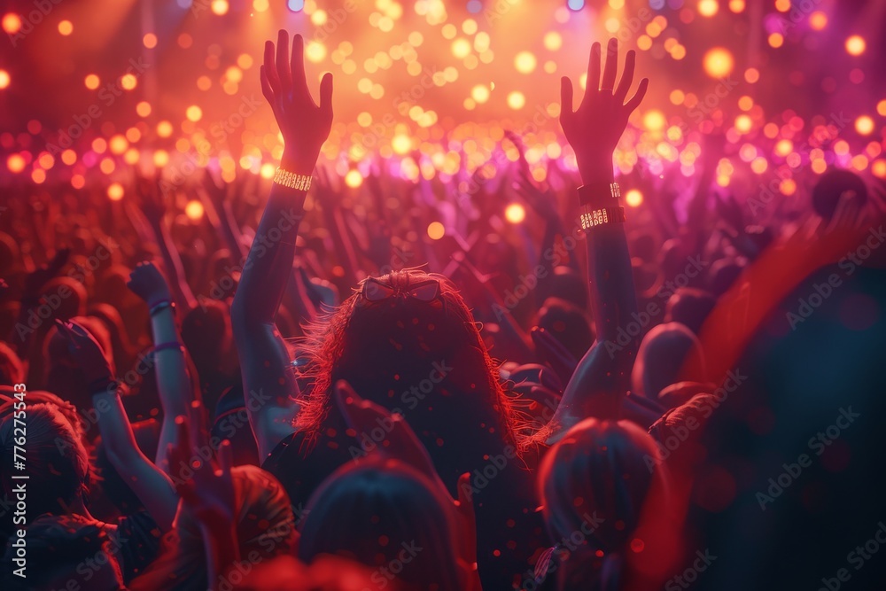 Audience cheering at a music festival, colorful lights, eye level view, with hands in the air in a moment of joy