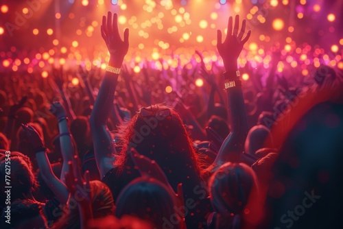 Audience cheering at a music festival, colorful lights, eye level view, with hands in the air in a moment of joy