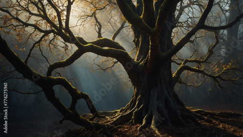 In a mesmerizing chiaroscuro painting, an asymmetric amalgam emerges, a sprawling tree with twisted branches, half bathed in shadow and half awash in a golden, ethereal light. photo