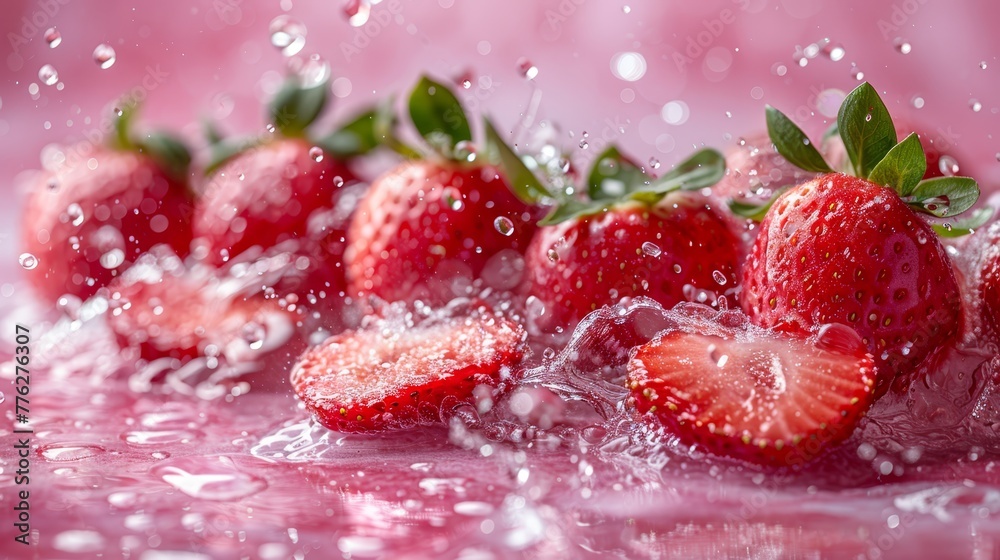 Close-up of strawberries submerged in water against a pink backdrop, with droplets atop and bottom Close-up of strawberries submerged in water against a pink backdrop, with droplets atop and bottom