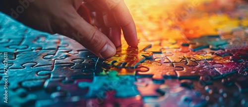 Hand showcasing a jigsaw puzzle completion, colorful image, top down view, with a single piece fitting in, highlighting success