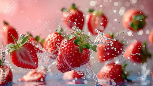  A cluster of strawberries droplets diving into a water basin, generating a rippling splash