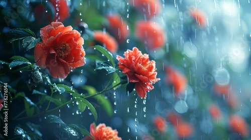  A window sill adorned with flowers, adjacent and exposed to rain, bearing droplets
