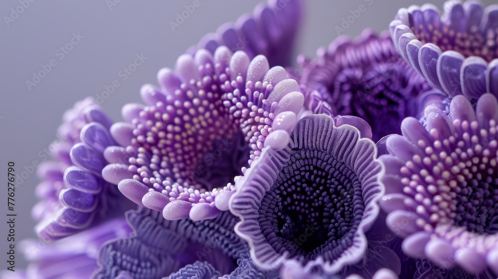   A tight shot of a flower cluster, featuring purple and white blooms at its core