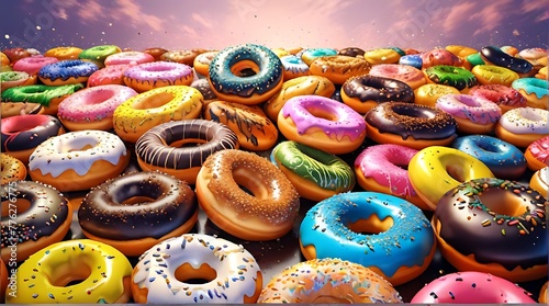 Assorted delicious donuts with sprinkles, icing sugar, and chocolate, isolated on background