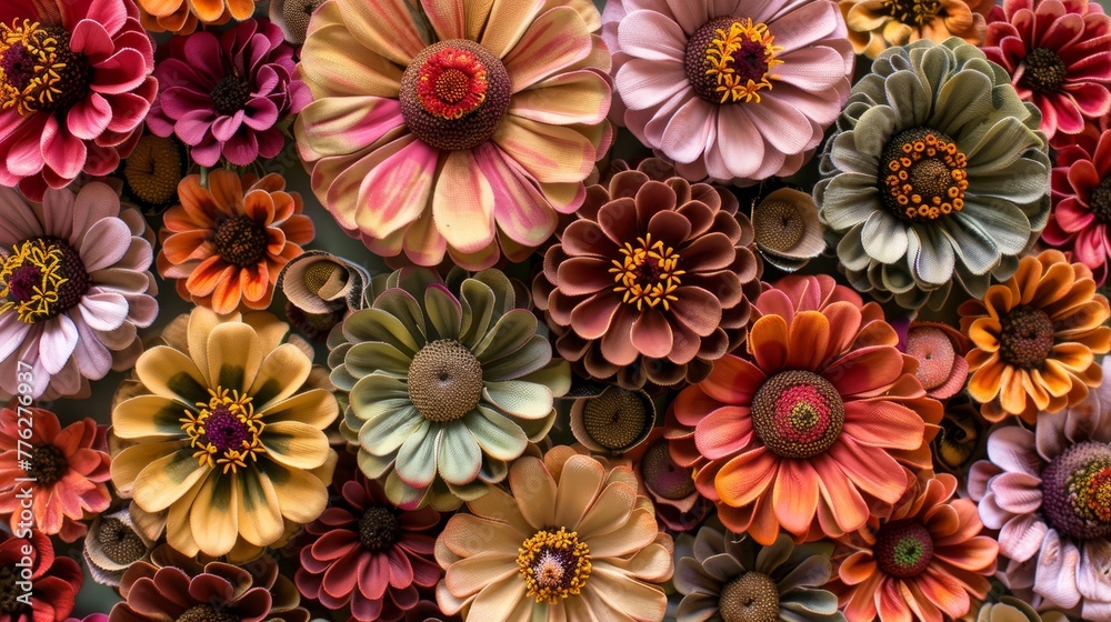   A wall of varied flowers, an up-close arrangement of diverse blooms in assorted hues
