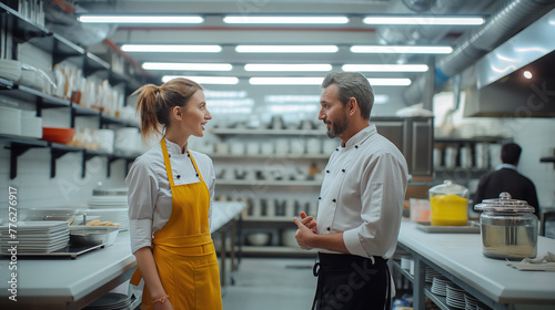 Professional Chefs Discussing in Commercial Kitchen photo
