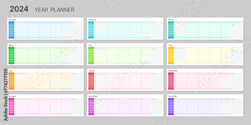 Template of 2024 year planner, calendar design. Wall annual schedule layout for 12 months, week starts on sunday. Blank daily organizer in rainbow colors, vector illustration