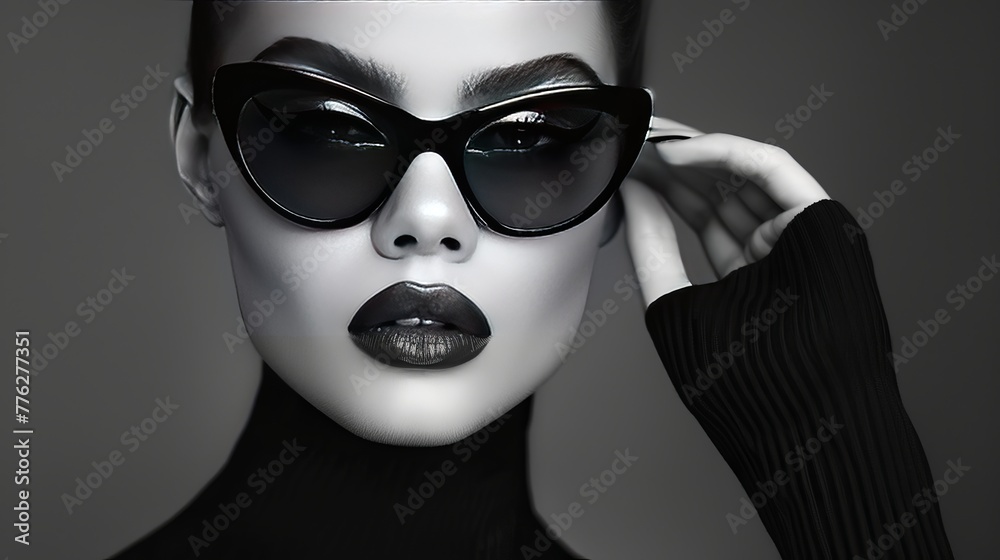 Striking model in monochrome, adorned with chic sunglasses. Her flawless makeup, polished nails, and stylish attire showcase the latest beauty trends.