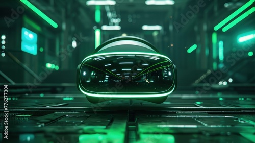 Cybernetic dreams: A virtual reality headset rests atop a sleek futuristic console, its vibrant green accents glowing softly in the dimly lit room. Copy space below for text.