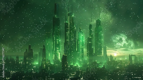 Cybernetic skyline: A futuristic cityscape sprawls beneath a starlit sky, its towering skyscrapers adorned with glowing green accents. Copy space above for text. photo