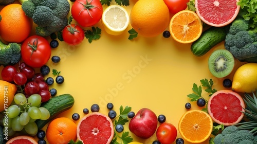   A colorful arrangement of fruits and veggies in a circular design against a sunny yellow background Include text here