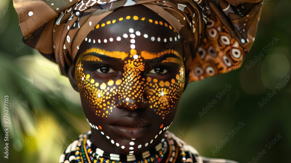 Stunning African beauty with golden skin and intricate jewelry. Her painted face and head turban creates a captivating goddess-like image.