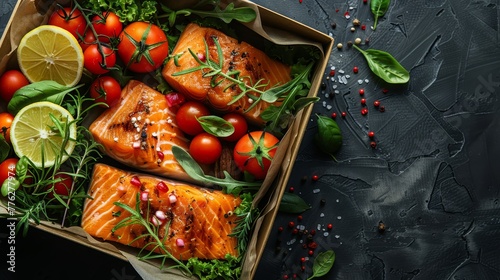  A box containing salmon, tomatoes, spinach, a lemon, and herbs on a black tabletop
