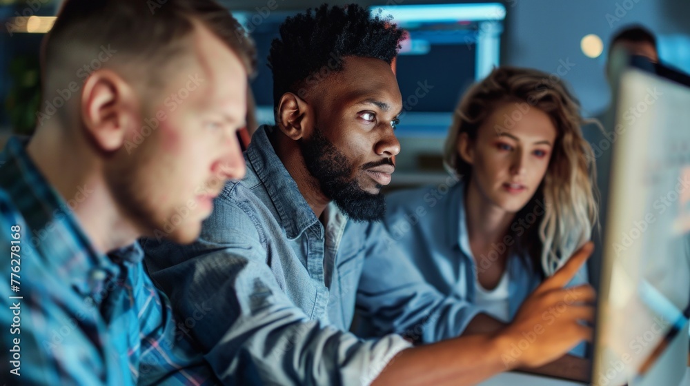 Focused Team of Tech Professionals Reviewing Code on Computer Screen, cybersecurity, experts providing training Focused Team of Tech Professionals Reviewing Code on Computer Screen, cybersecurity, experts providing training