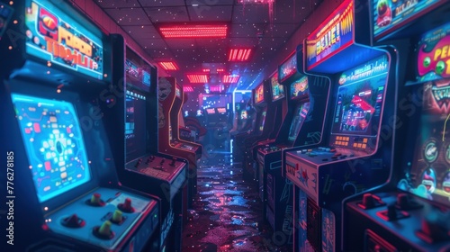 Retro-futuristic vibes: A vintage arcade cabinet stands amidst a sea of pixelated screens and neon lights, its glowing buttons beckoning players to step into a virtual world of endless possibilities. photo
