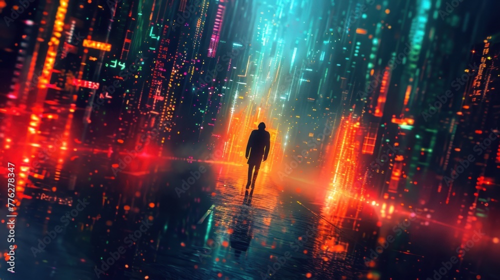 Urban exploration: A lone figure navigates through the labyrinthine streets of a cybernetic city, their path illuminated by the pulsing glow of neon lights. Copy space below for text.