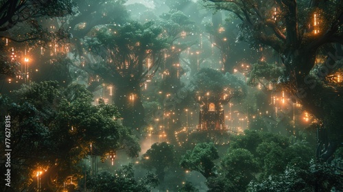 Techno jungle: A dense, futuristic jungle pulses with life, its towering trees intertwined with glowing vines and bioluminescent flora. Amidst the foliage, 