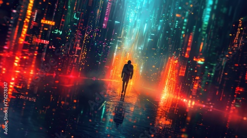 Urban exploration: A lone figure navigates through the labyrinthine streets of a cybernetic city, their path illuminated by the pulsing glow of neon lights. Copy space below for text.