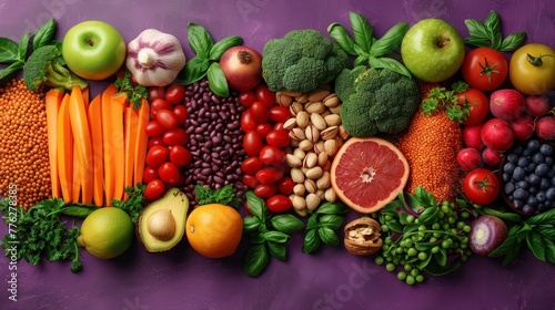   A horizontally arranged assortment of fruits and vegetables sits on a purple surface against a dark purple background